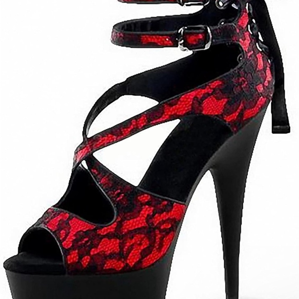 Elegant Red and Black Lace Stiletto Heels pleaser shoes.